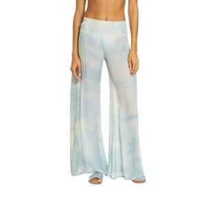 Elan Crochet Trim Wide Leg Blue Cream Cover Up Pants  1X